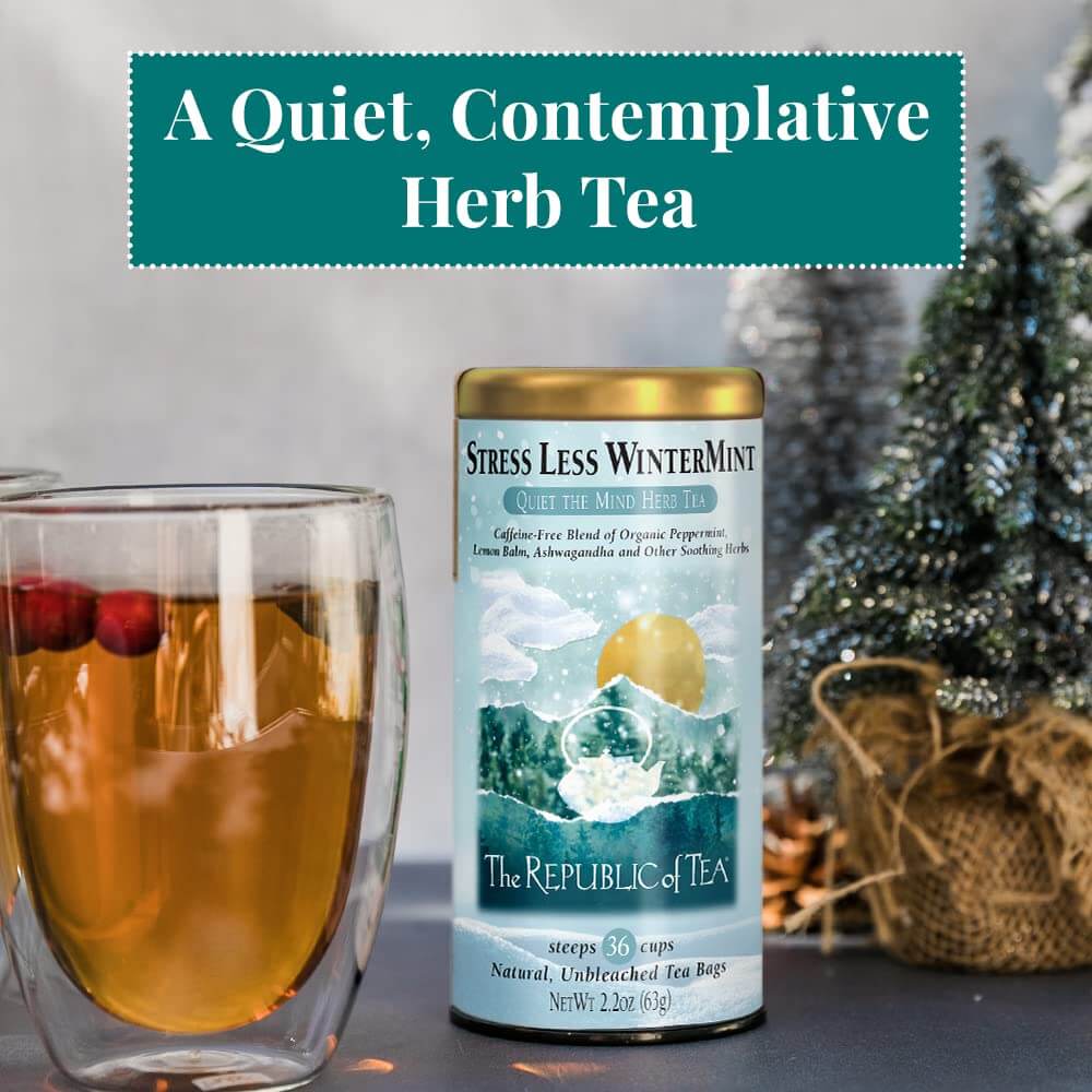 Tea canister labeled 'Stress Less Wintermint' from 'The Republic of Tea' with a glass of tea and decorative elements.