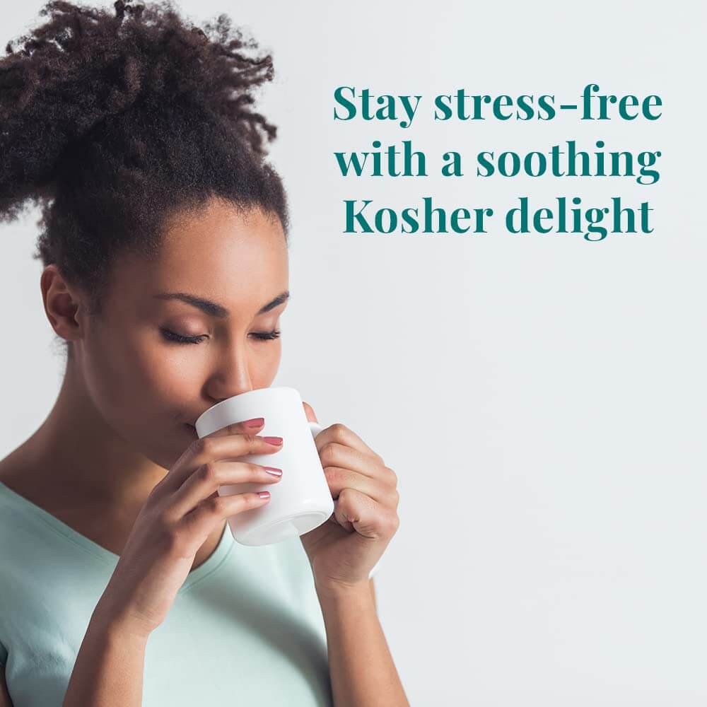 Woman drinking from a white cup with text about stress relief and kosher products.