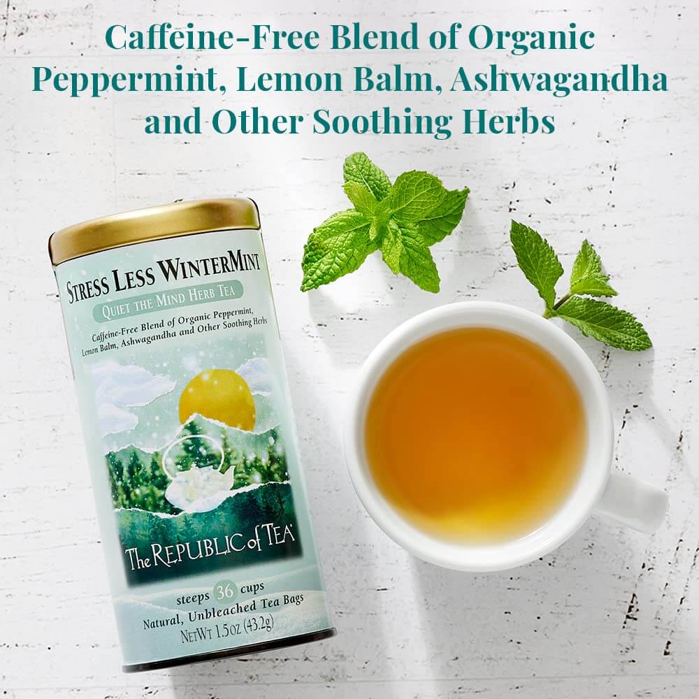 Tea packaging with a cup of tea and mint leaves on a light background