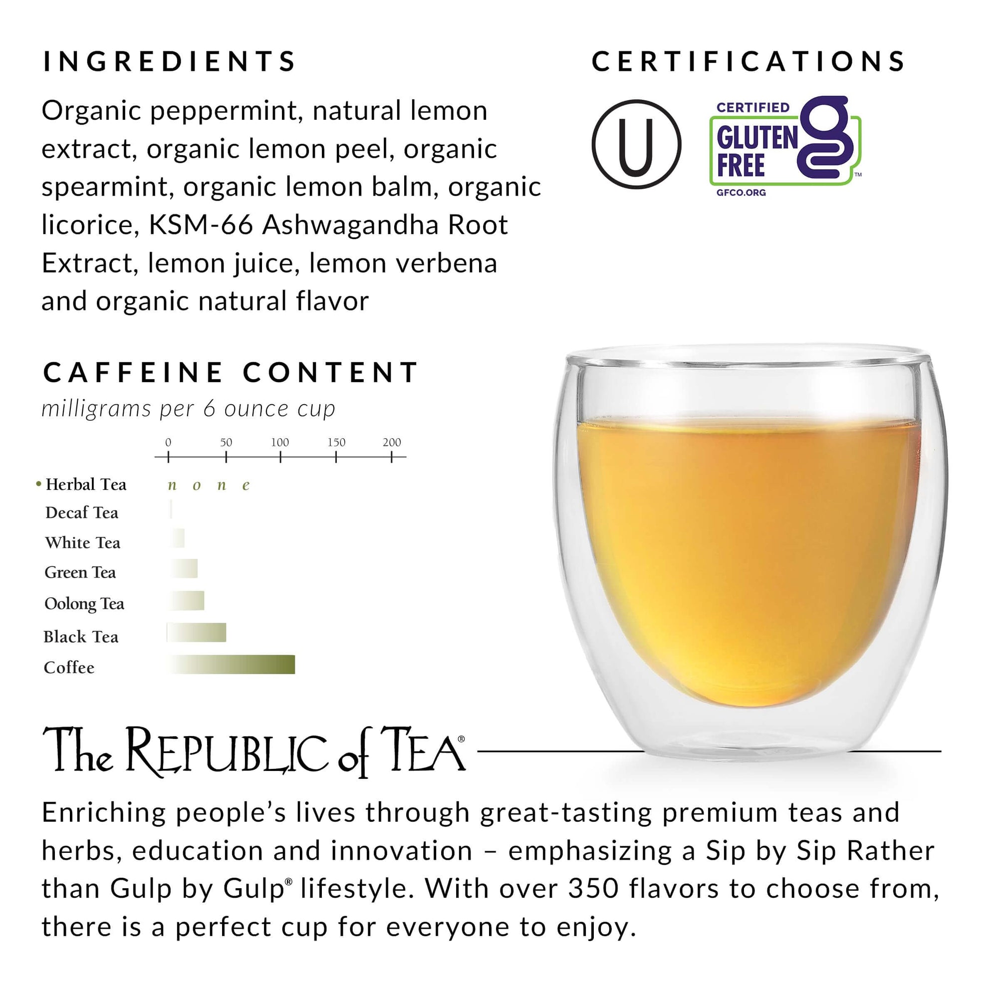 Tea product information with a glass of tea and certification logos.