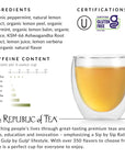 Tea product information with a glass of tea and certification logos.