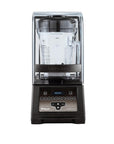 Black and silver blender with clear container on a white background
