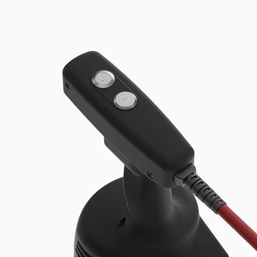 Black handheld device with a cord on a white background