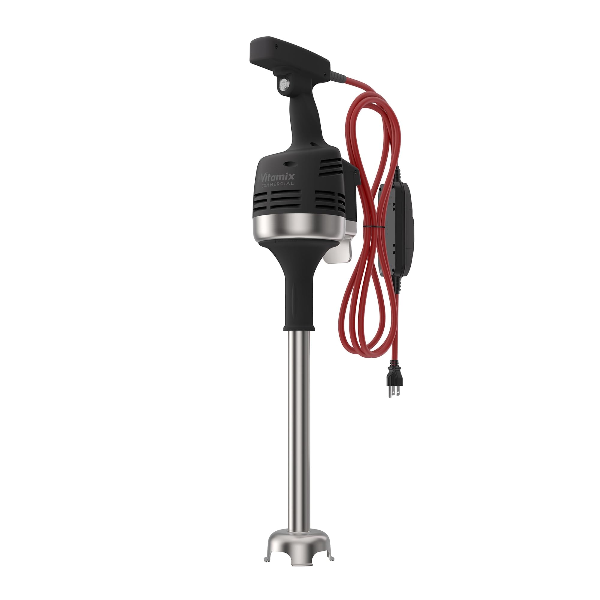 Immersion blender with black handle and red cable on a white background