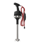 Immersion blender with black handle and red cable on a white background