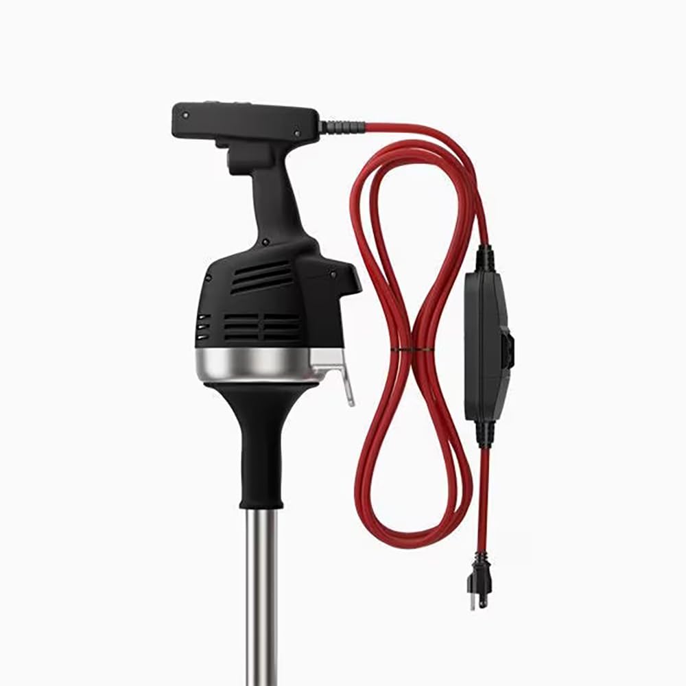 Black and silver handheld device with a red cable on a white background