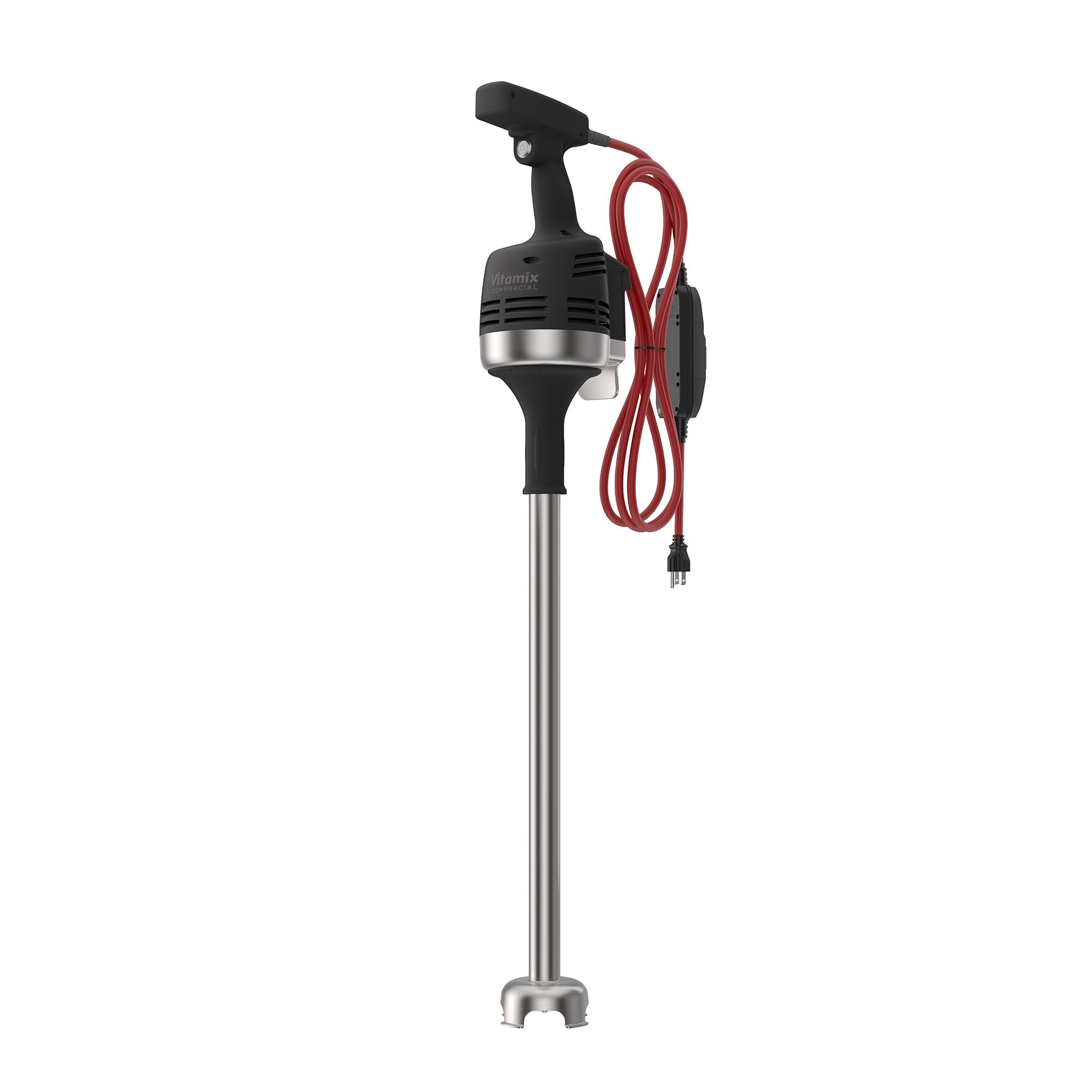 Black and Silver Vitamix immersion blender with a red cable displayed on a white background