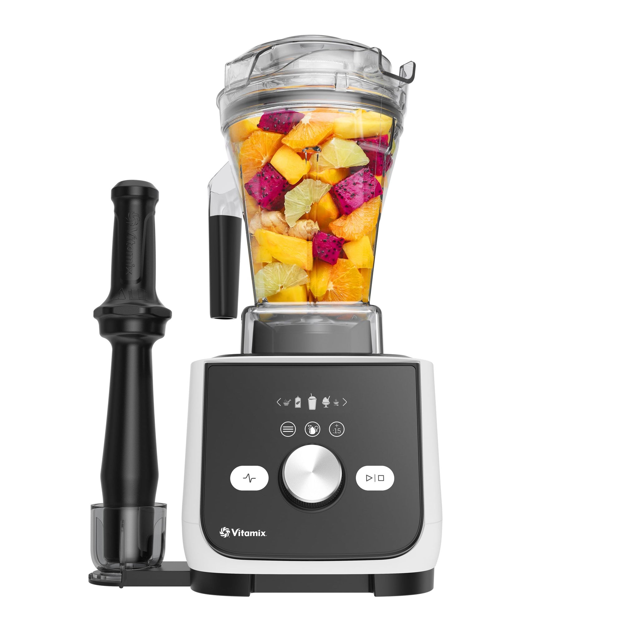 Vitamix blender with fruit ingredients on a white background