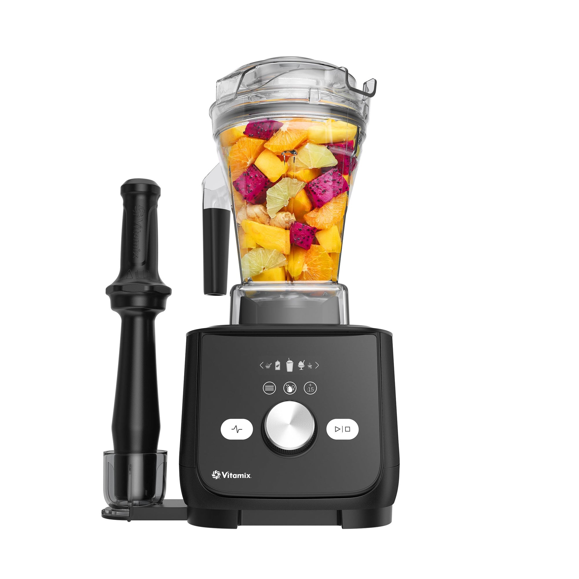 Black Vitamix blender with a clear container filled with fruits on a white background