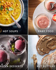 Collage of hot soups, baby food, frozen desserts, and nut butters with corresponding labels.