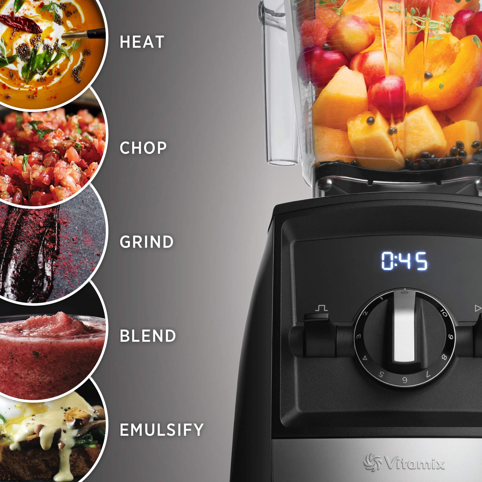 Black blender with ingredients inside, showing various food preparation steps on a gray background.