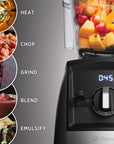Black blender with ingredients inside, showing various food preparation steps on a gray background.