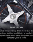 Stainless steel blades of a Vitamix blender with text highlighting durability.