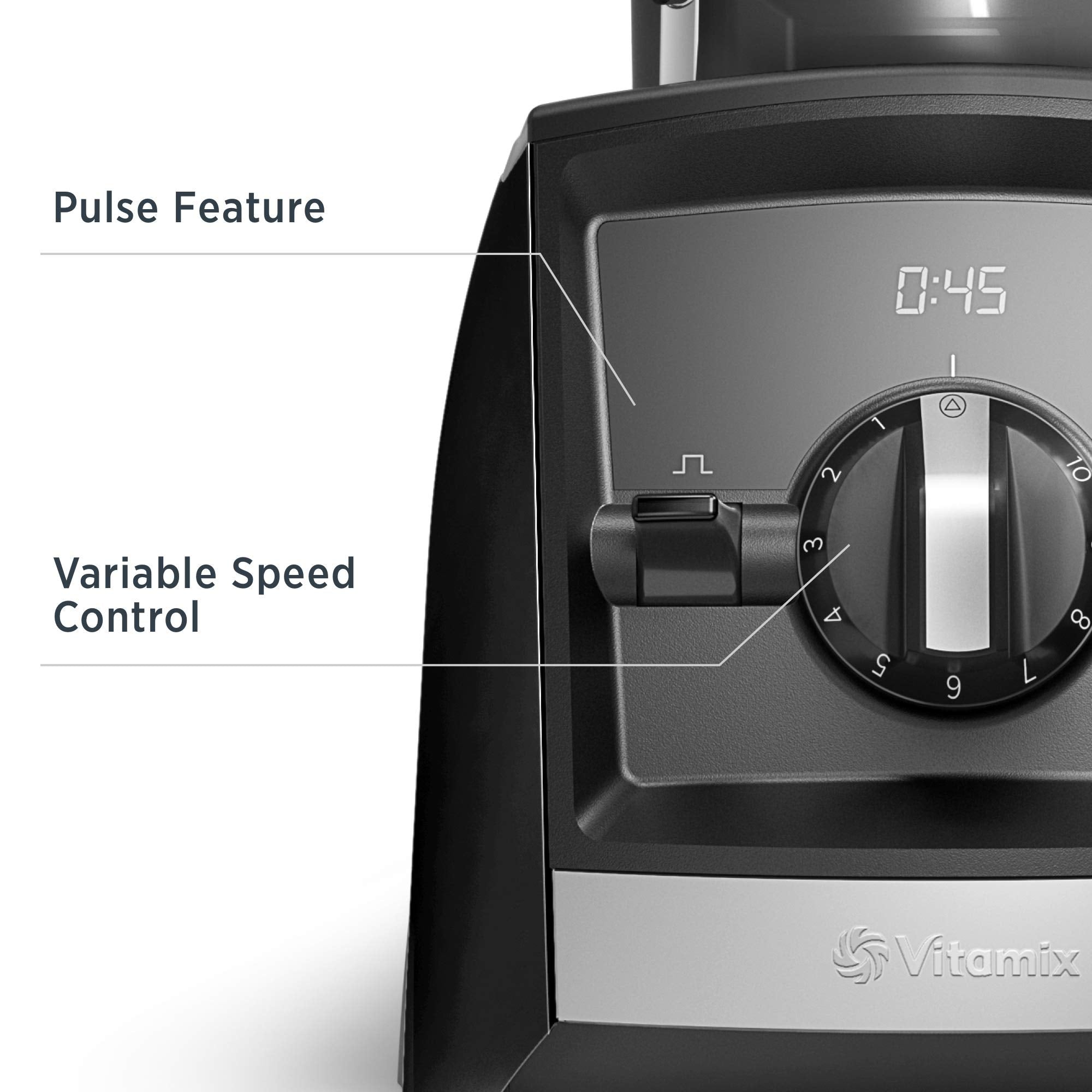 Close-up of a Vitamix blender with variable speed control and pulse feature labeled.