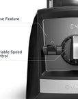 Close-up of a Vitamix blender with variable speed control and pulse feature labeled.