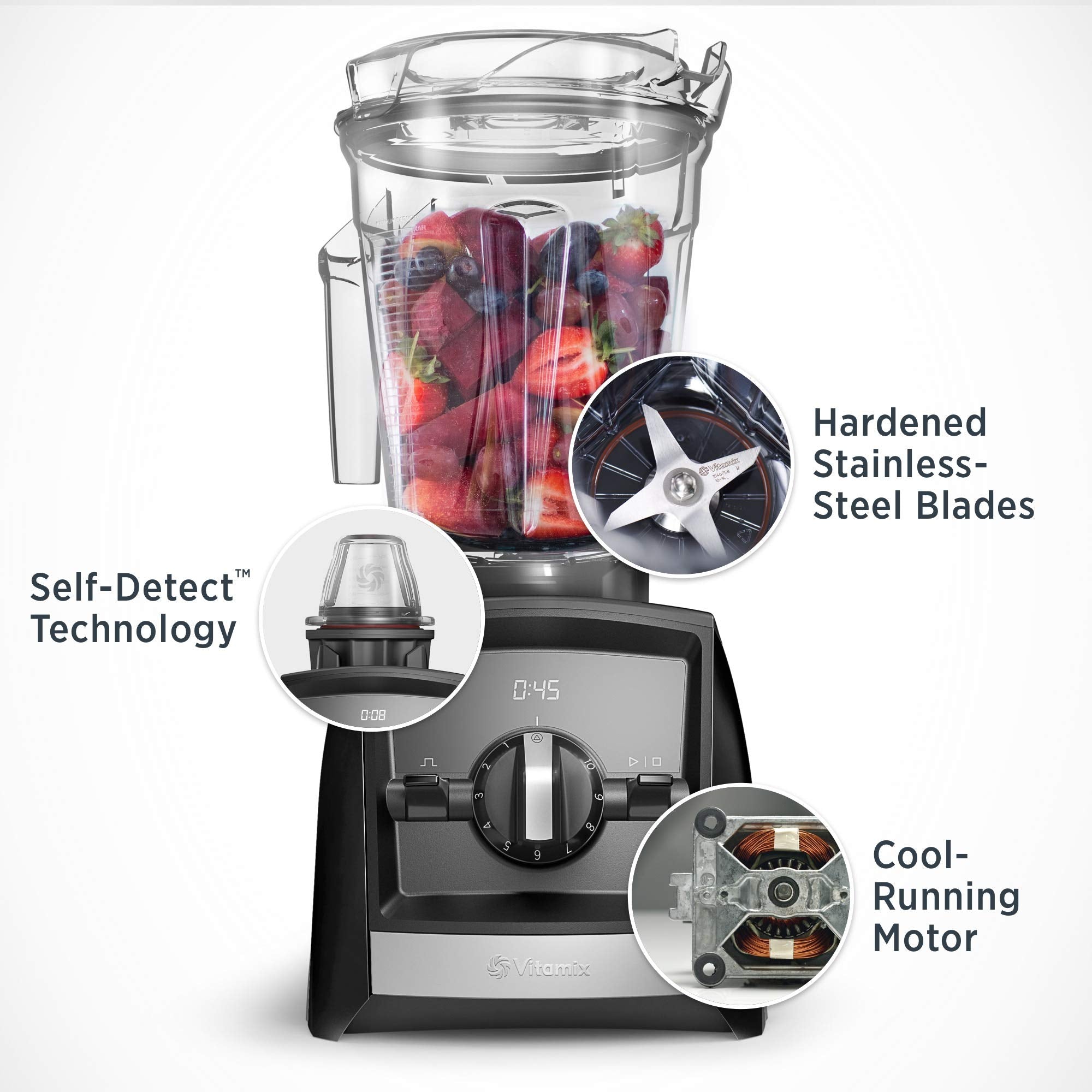 Blender with ingredients inside, highlighting self-detect technology, hardened stainless-steel blades, and cool-running motor.