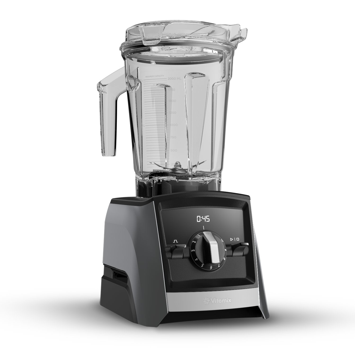 Black and silver blender with clear container on a white background