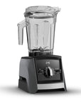 Black and silver blender with clear container on a white background