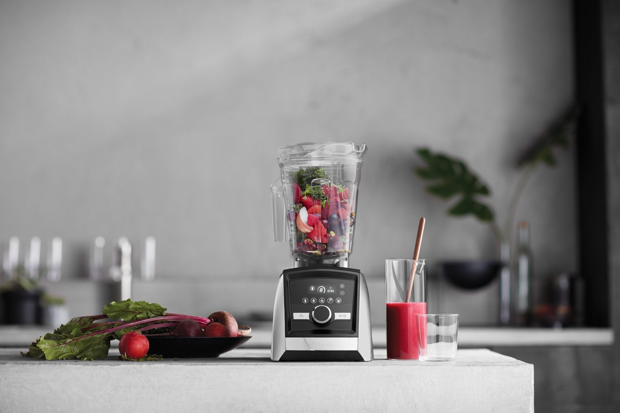Blender with ingredients on a kitchen counter