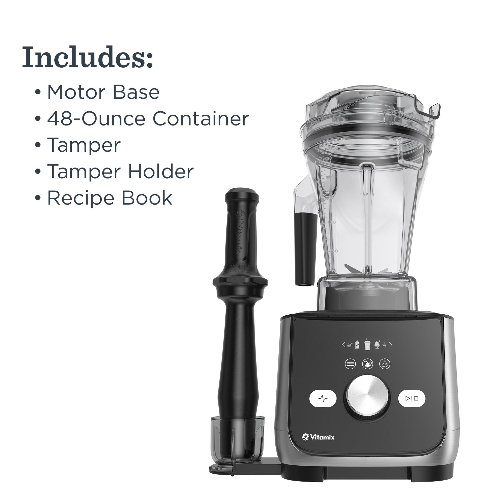 Black Vitamix blender with included items listed on a white background