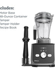 Black Vitamix blender with included items listed on a white background