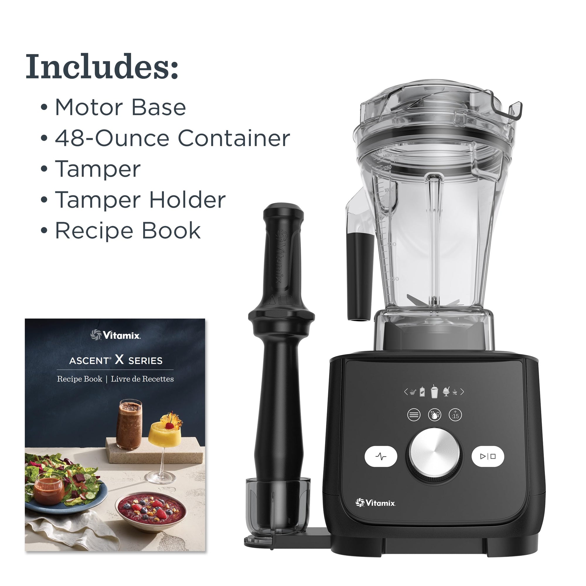 Vitamix blender with accessories on a white background