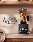 Blender with fruits on a kitchen counter, text indicating size and cabinet compatibility.
