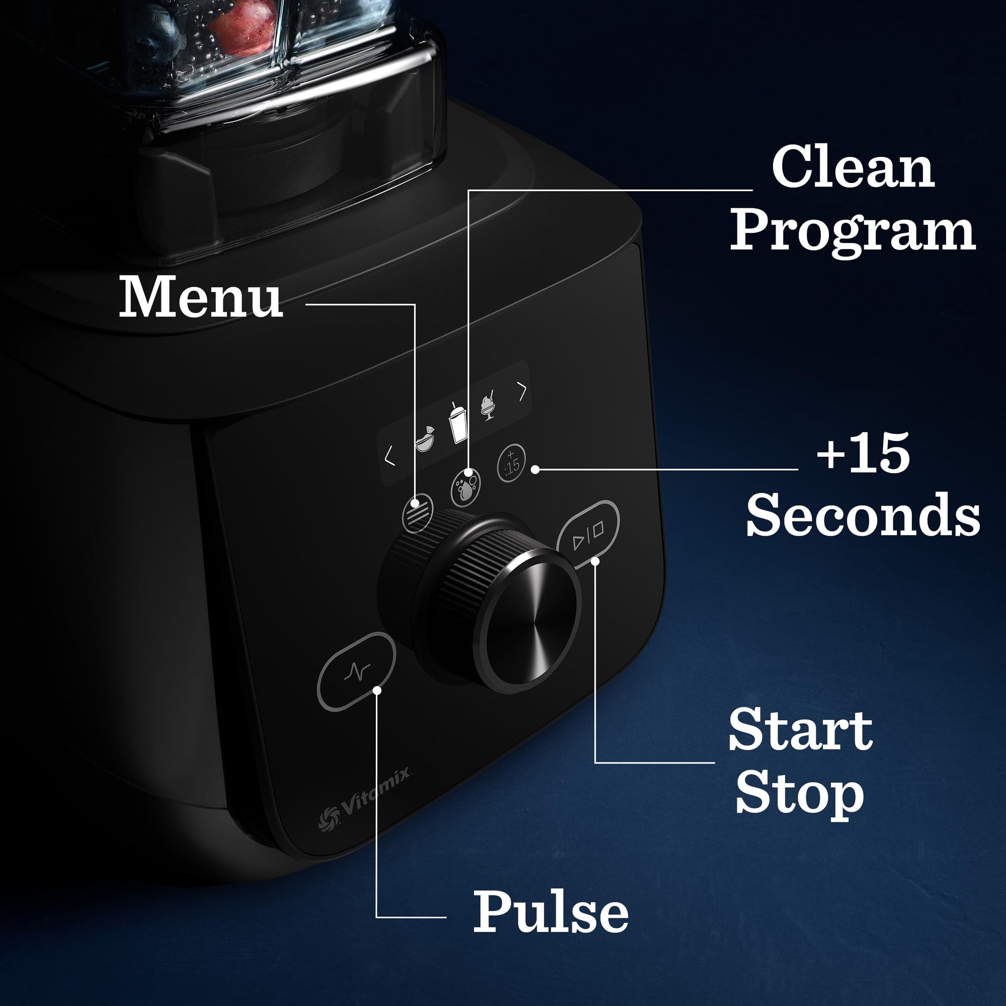 Black kitchen appliance with labeled buttons on a dark background