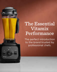 Vitamix blender with orange liquid inside with text about The Essential Vitamix Performance on an orange background