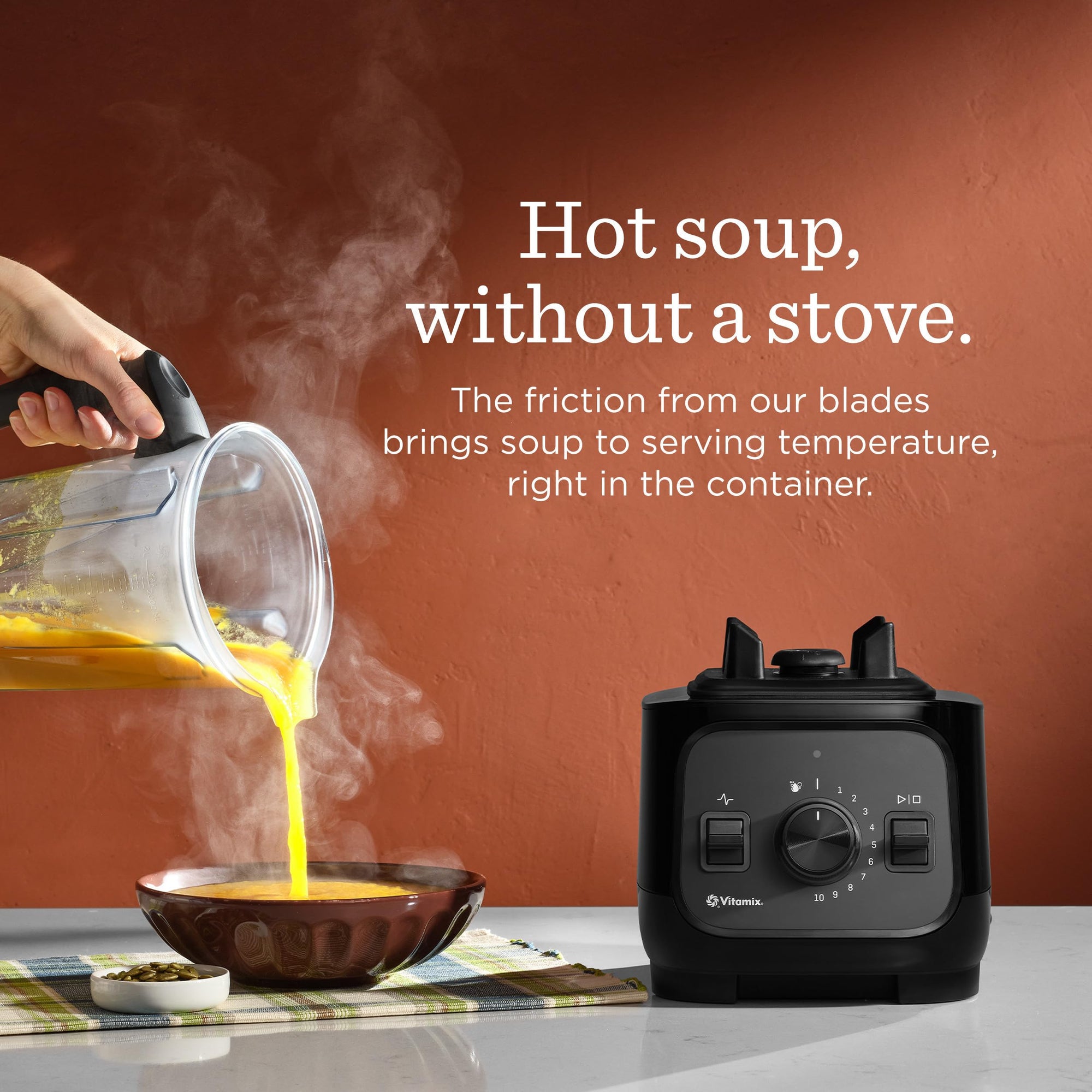 Someone pouring orange liquid from blender into bowl with text about Hot Soup, without a stove on a orange background