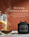 Someone pouring orange liquid from blender into bowl with text about Hot Soup, without a stove on a orange background