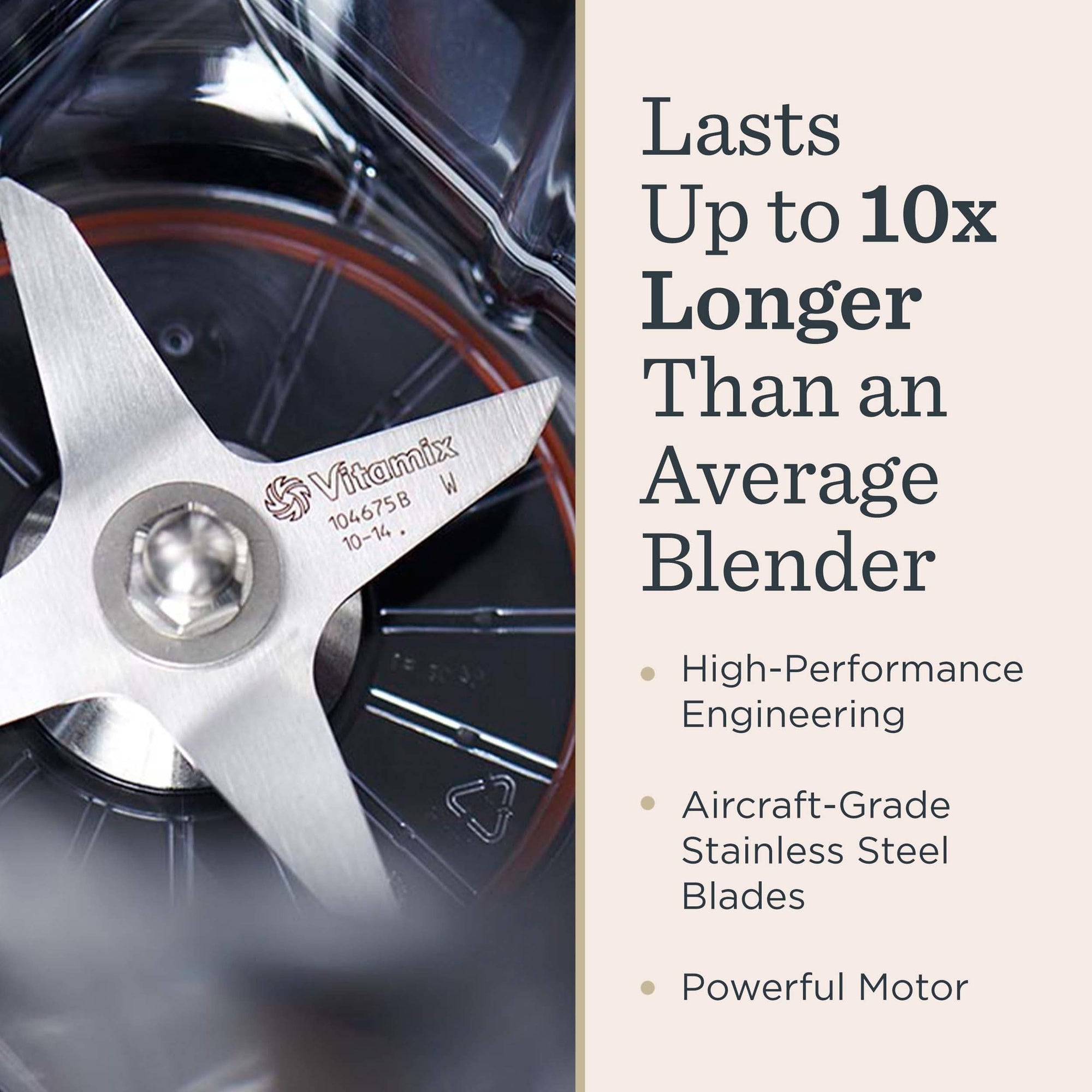 Vitamix blender blade with text highlighting durability and features