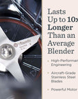 Vitamix blender blade with text highlighting durability and features