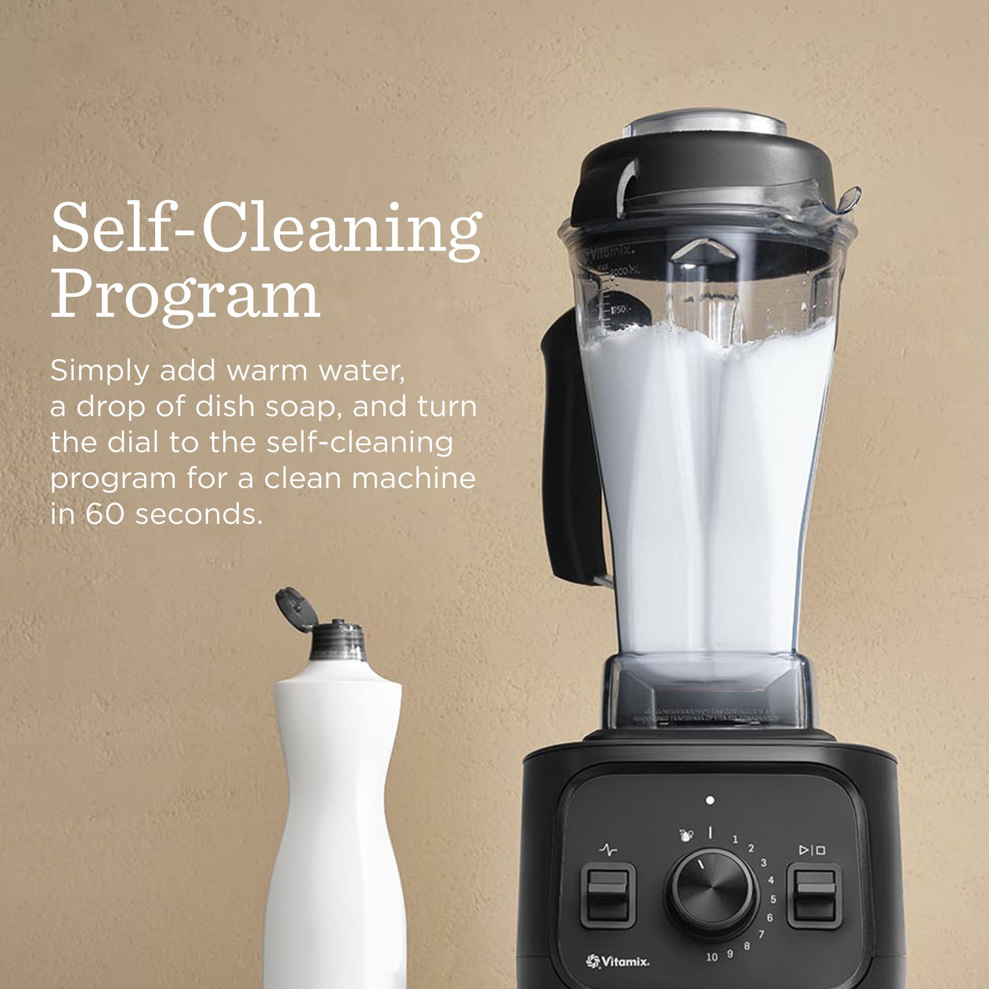 Blender with self-cleaning program text on a beige background