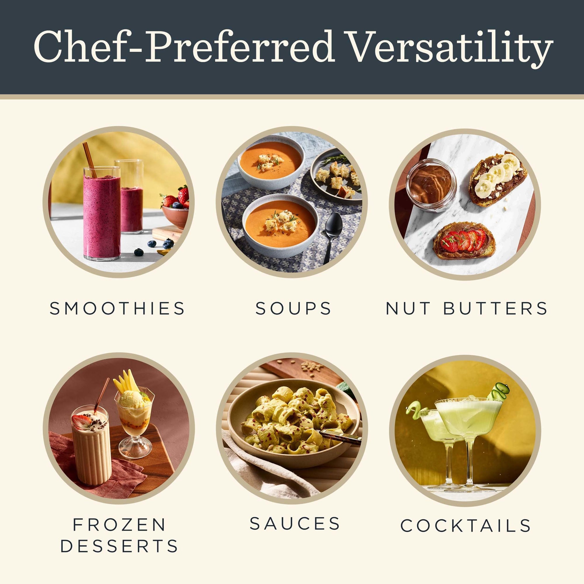 Illustration of various food items with labels for smoothies, soups, nut butters, frozen desserts, sauces, and cocktails.