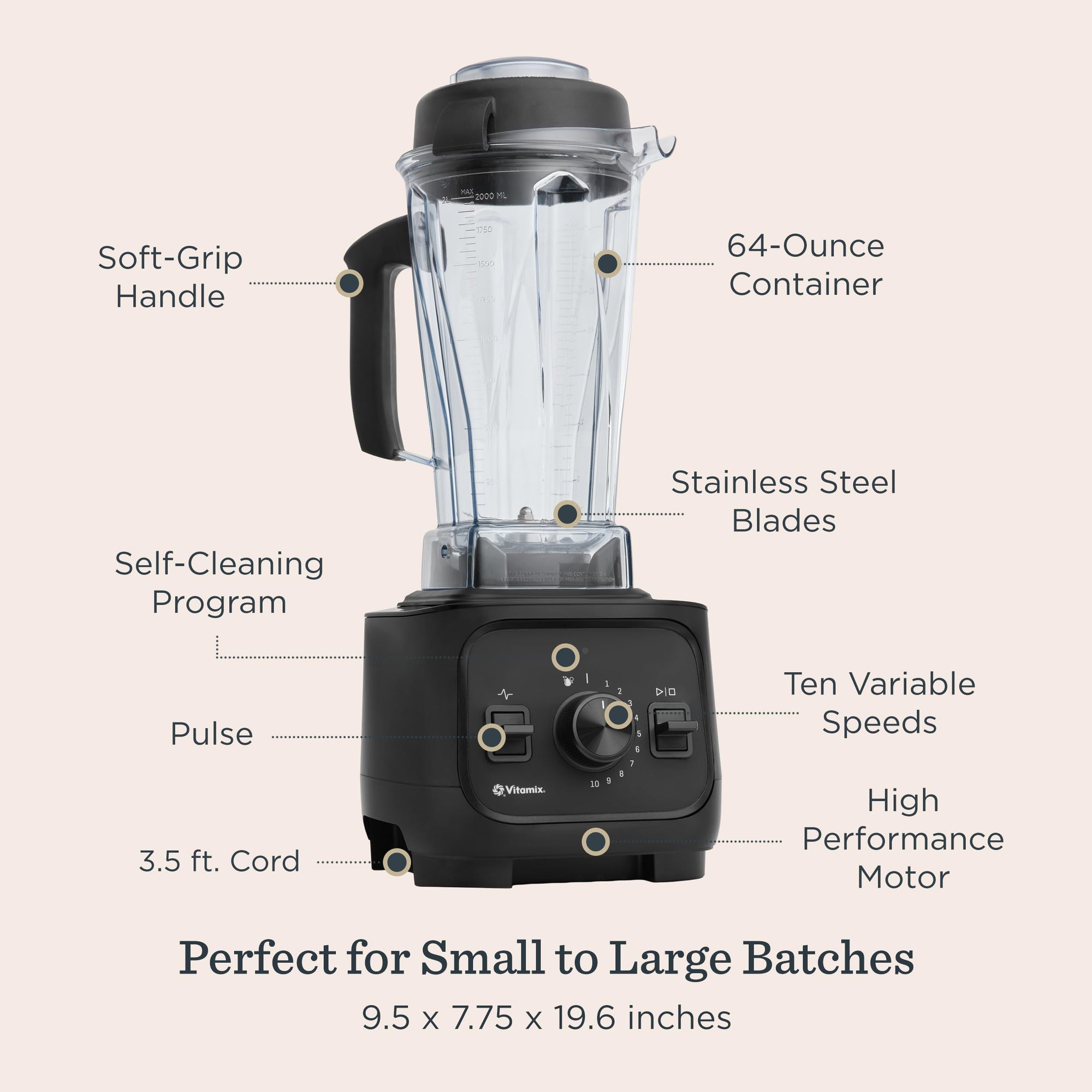 Blender with labeled features on a beige background