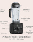 Blender with labeled features on a beige background