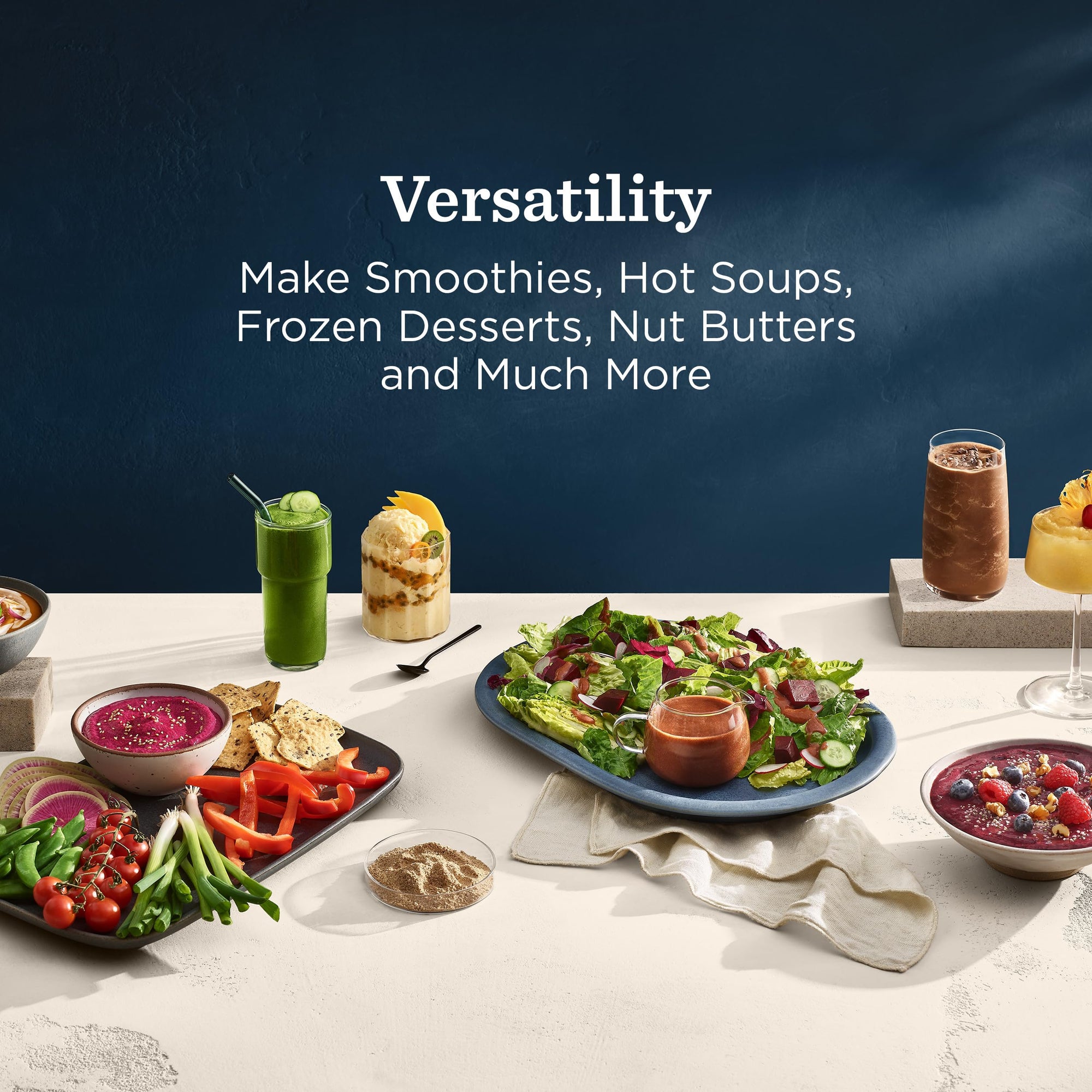 Table with various food items and drinks with a dark blue background and text about versatility.