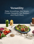 Table with various food items and drinks with a dark blue background and text about versatility.