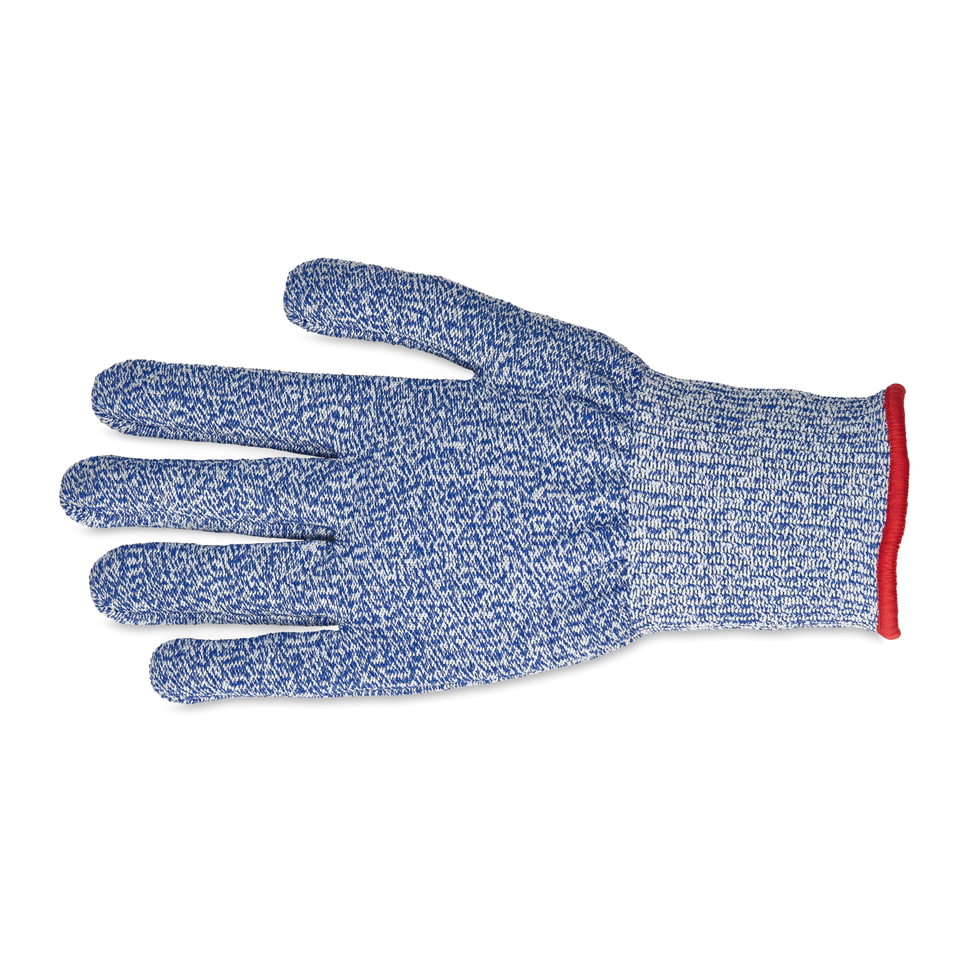 Blue Wushthof cut resistant glove with red cuff on a white background