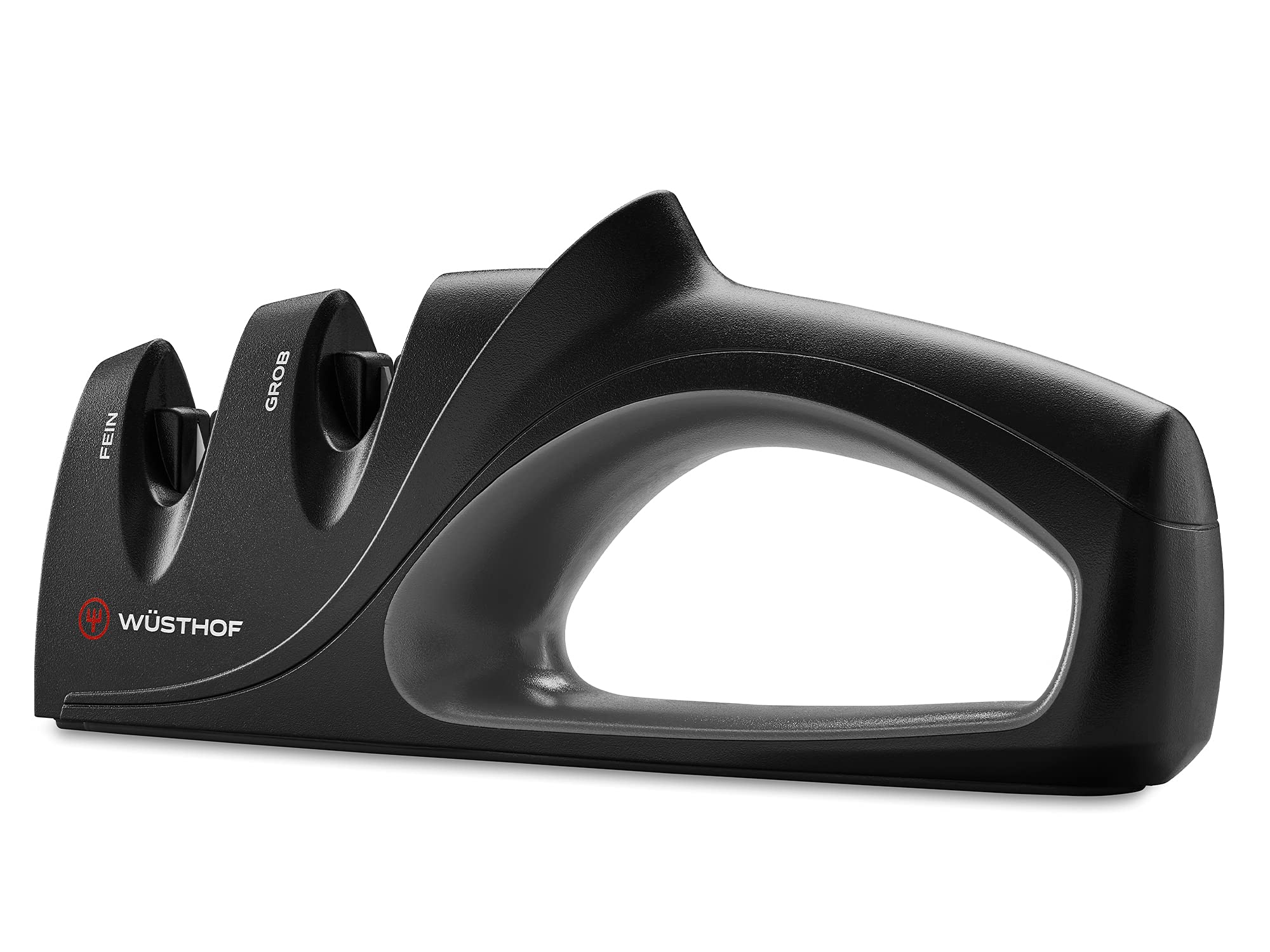 Black Wüsthof knife sharpener on a white background