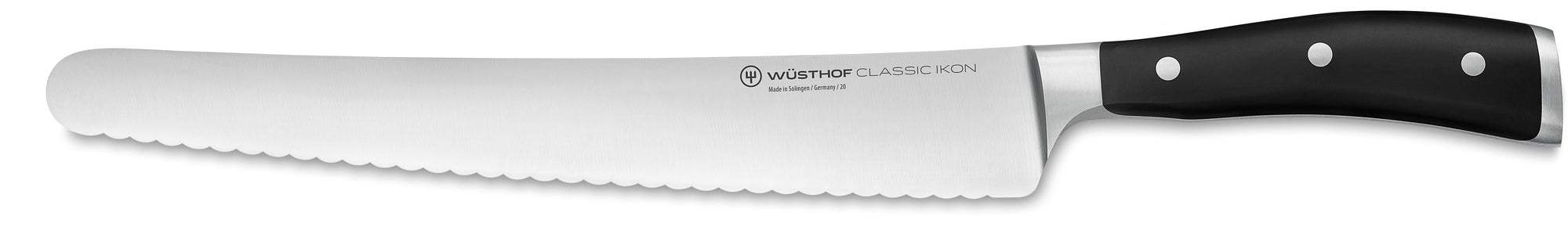 Knife with a black handle and visible Wusthof logo on a white background