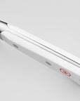 White hair straightener with brand logo on a light gray background
