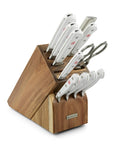 Set of knives in a wooden block on a white background