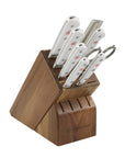 Set of knives in a wooden block on a white background
