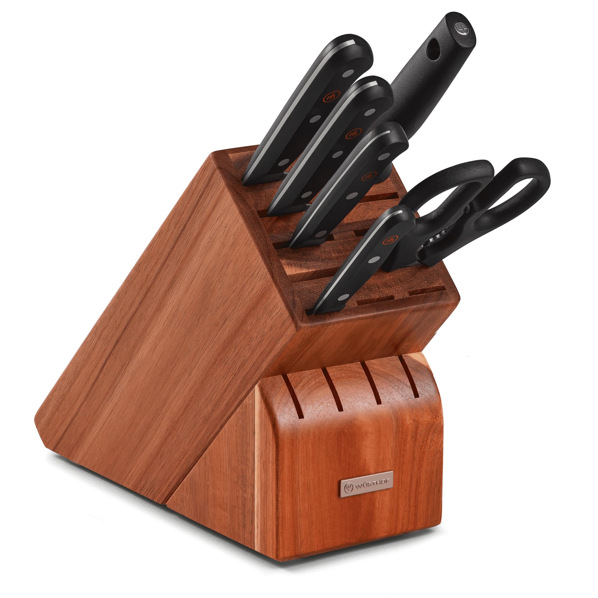 7 piece knife block set with the knives inserted into the knife block displayed on a white background