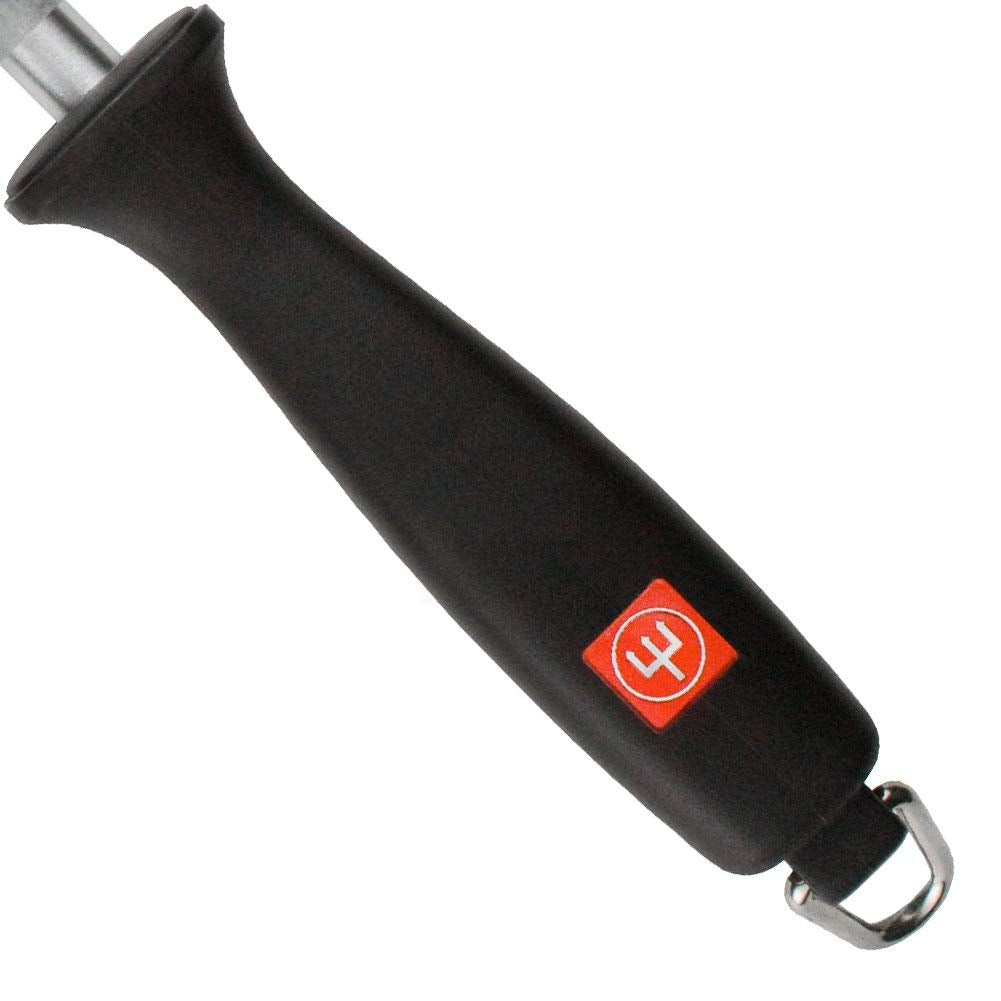 Black-handled knife with a red logo on a white background