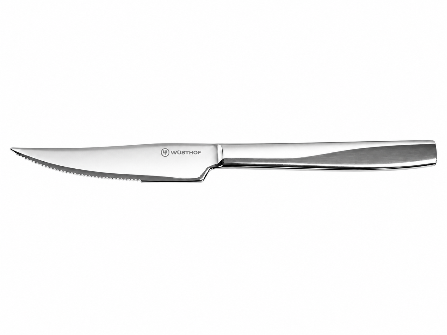 Stainless steel steak knife with Wusthof logo on a white background